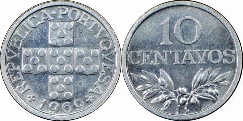 Portugal 10 Centavos Coin, Cross, Olive Branch, 1942 - 1969