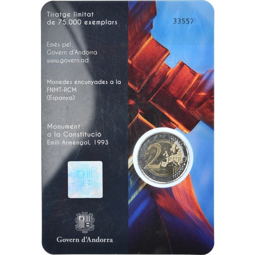 2 Euro 2018, KM# 536, Andorra, 25th Anniversary of the Constitution of Andorra, Coincard (back)
