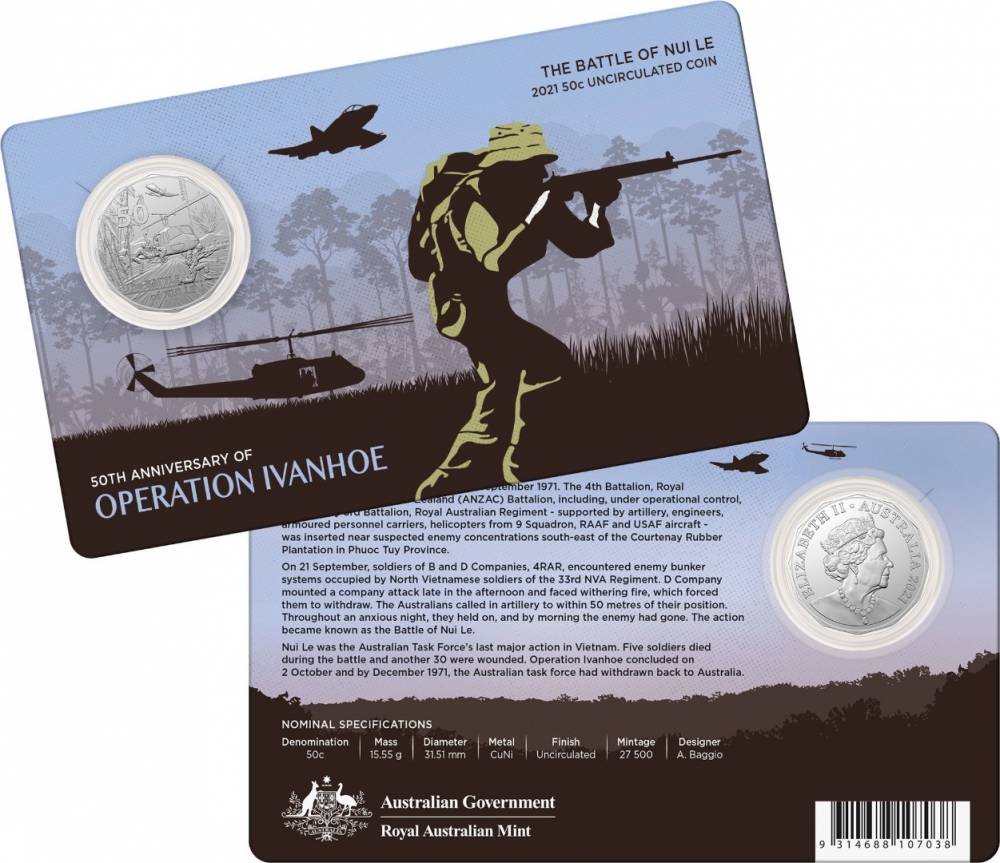 50 Cents 2021, Australia, Elizabeth II, Last Battles of the Vietnam War, 50th Anniversary of the Battle of Battle of Núi Lé, UNC in coincard
