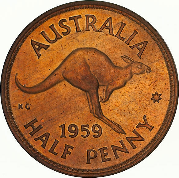 1/2 Penny 1959-1964, KM# 61, Australia, Elizabeth II, Melbourne Mint, without dot