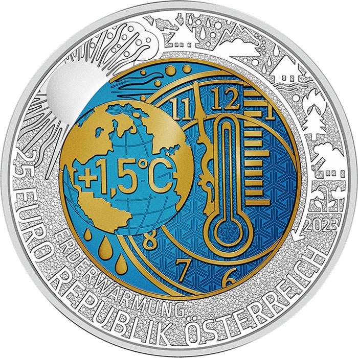 25 Euro 2023, Austria, Silver Niobium Coin, Global Warming
