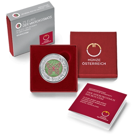 25 Euro 2017, KM# 3272, Austria, Silver Niobium Coin, Microcosm, Box with a certificate of authenticity