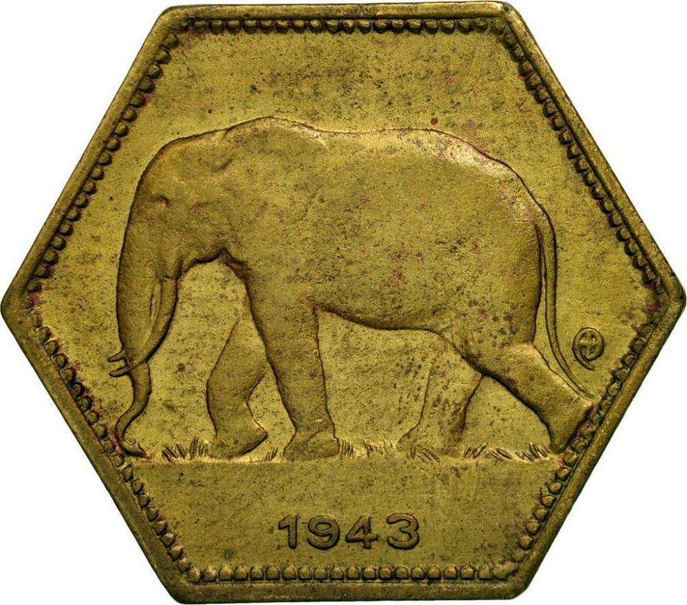 2 Francs 1943, KM# 25, Belgian Congo, Leopold III
