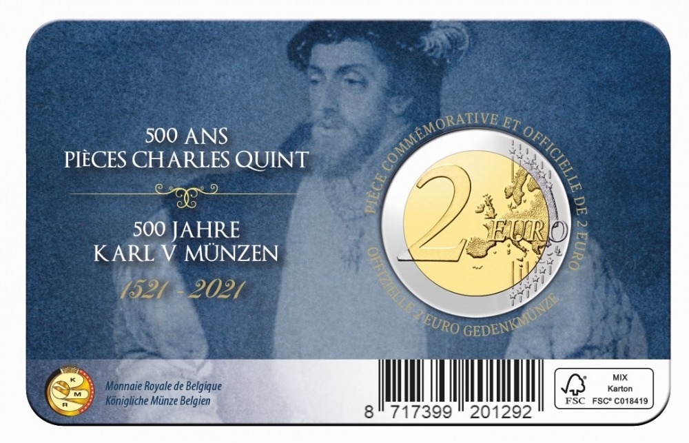 2 Euro 2021, KM# 420, Belgium, Philippe, 500th Anniversary of Charles V Coins, BU in coincard (front, language: FR)