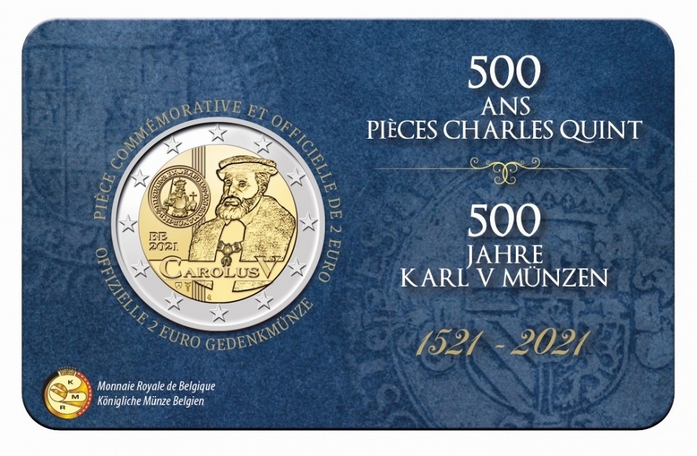 2 Euro 2021, KM# 420, Belgium, Philippe, 500th Anniversary of Charles V Coins, BU in coincard (back, language: FR)
