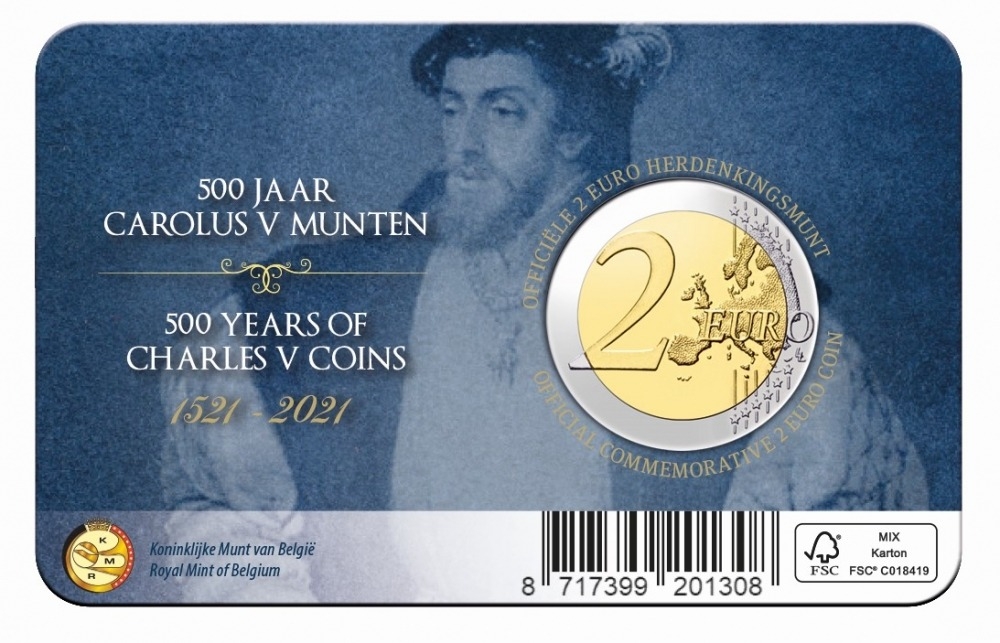 2 Euro 2021, KM# 420, Belgium, Philippe, 500th Anniversary of Charles V Coins, BU in coincard (front, language: NL)