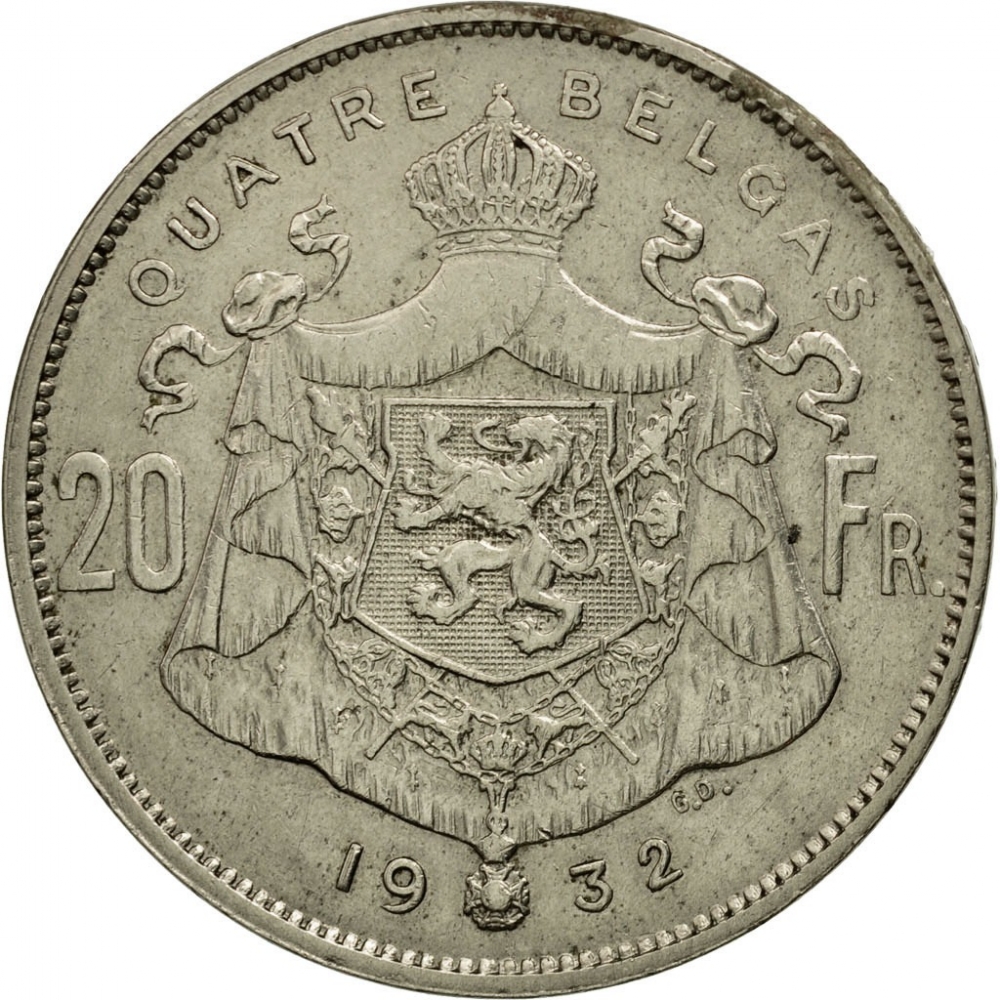 20 Francs 1931-1932, KM# 101, Belgium, Albert I