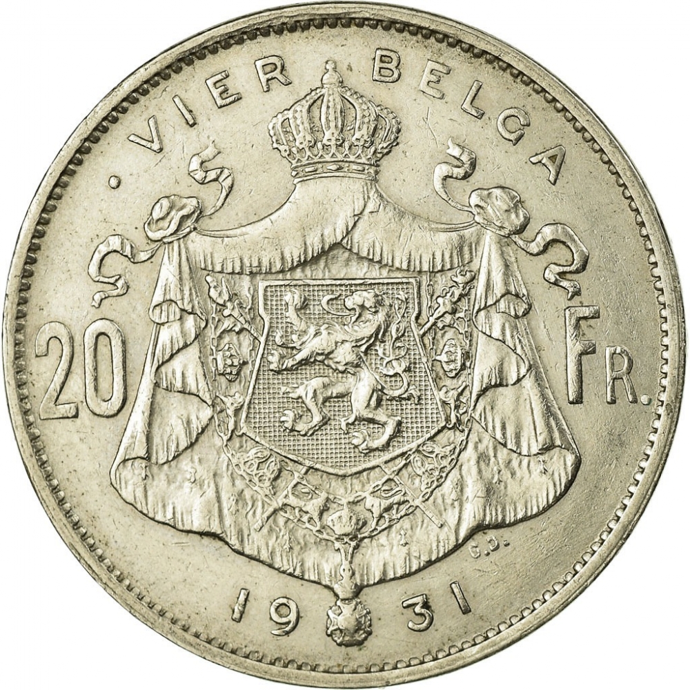 20 Francs 1931-1932, KM# 102, Belgium, Albert I