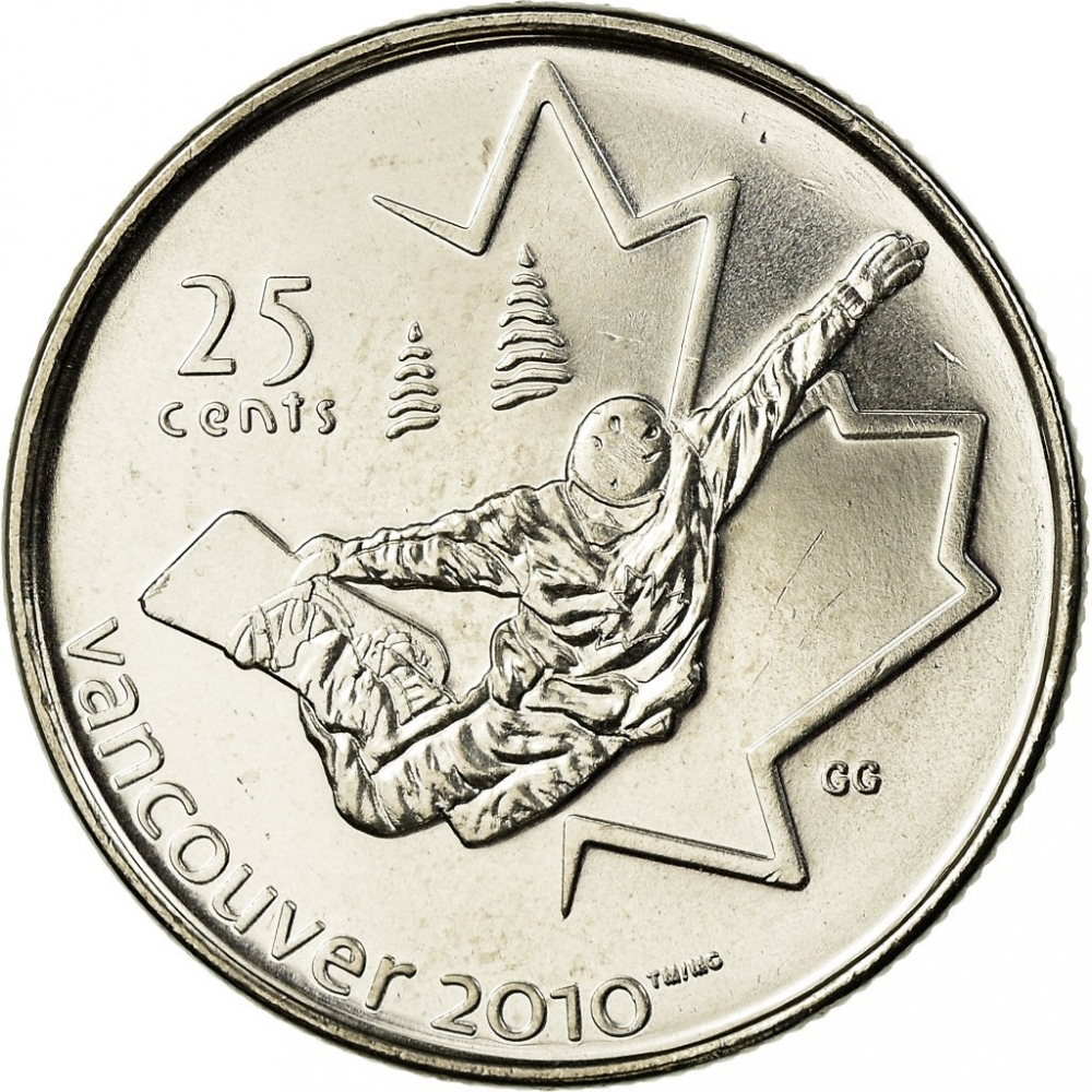 25 Cents 2008, KM# 768, Canada, Elizabeth II, Vancouver 2010 Winter Olympics, Snowboarding