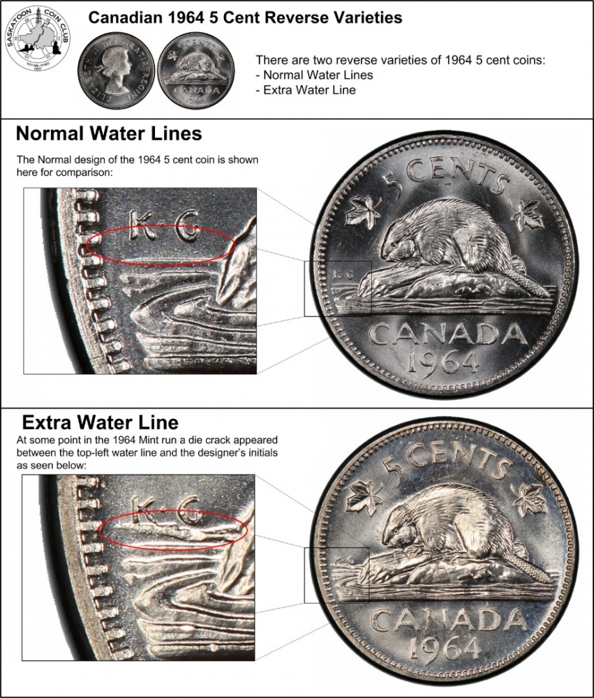 5 Cents 1963-1964, KM# 57, Canada, Elizabeth II, 1964: Extra waterline (XWL) variety