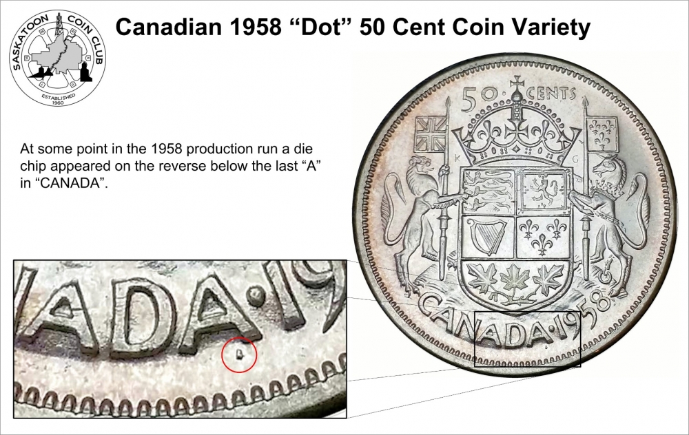 50 Cents 1953-1958, KM# 53, Canada, Elizabeth II, 1958 Dot Variety