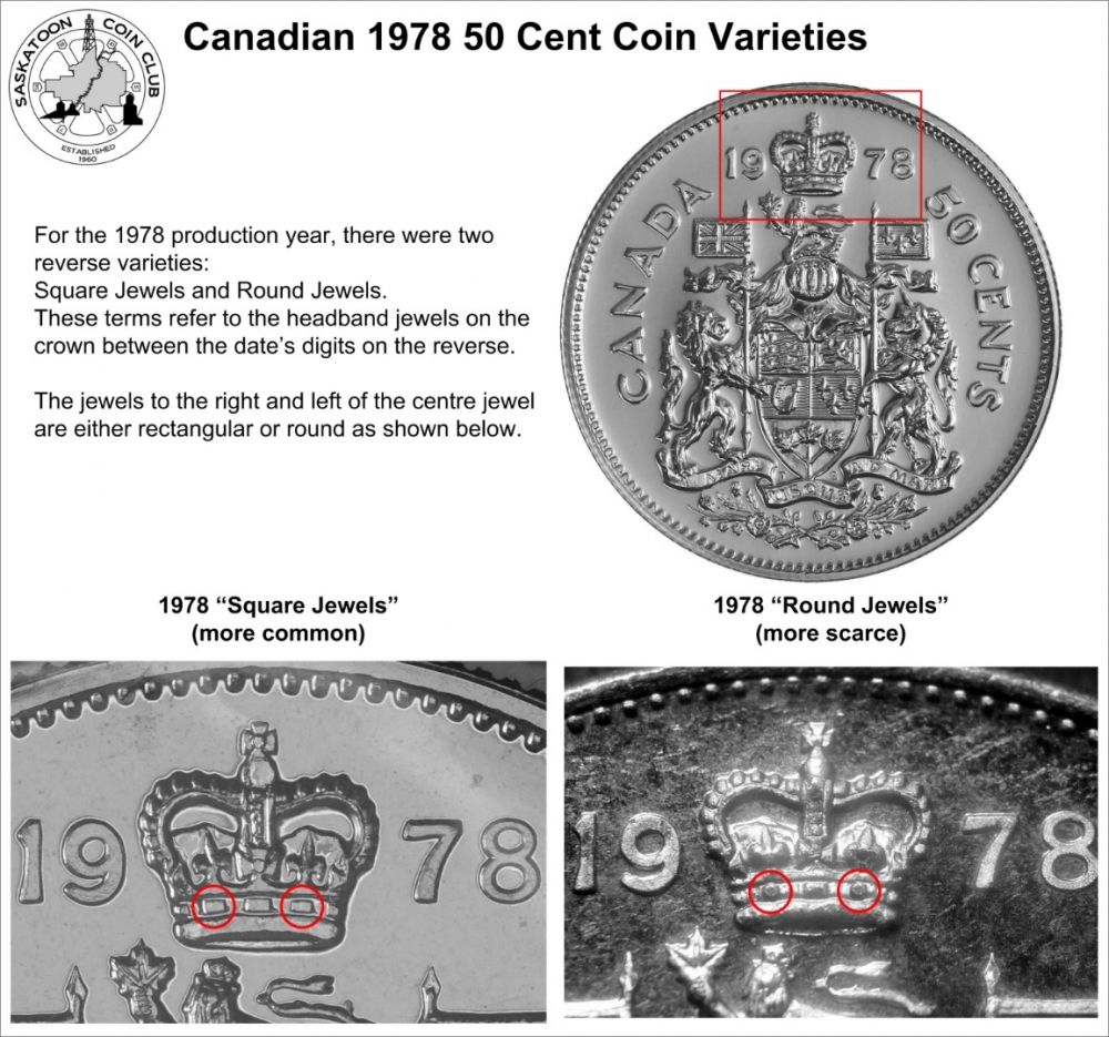 50 Cents 1968-1989, KM# 75, Canada, Elizabeth II, 1978 Varieties: square and round jewels