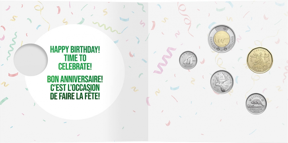 1 Dollar 2023, RCM# 205695, Canada, Charles III, Happy Birthday, Birthday 5 coin gift card set