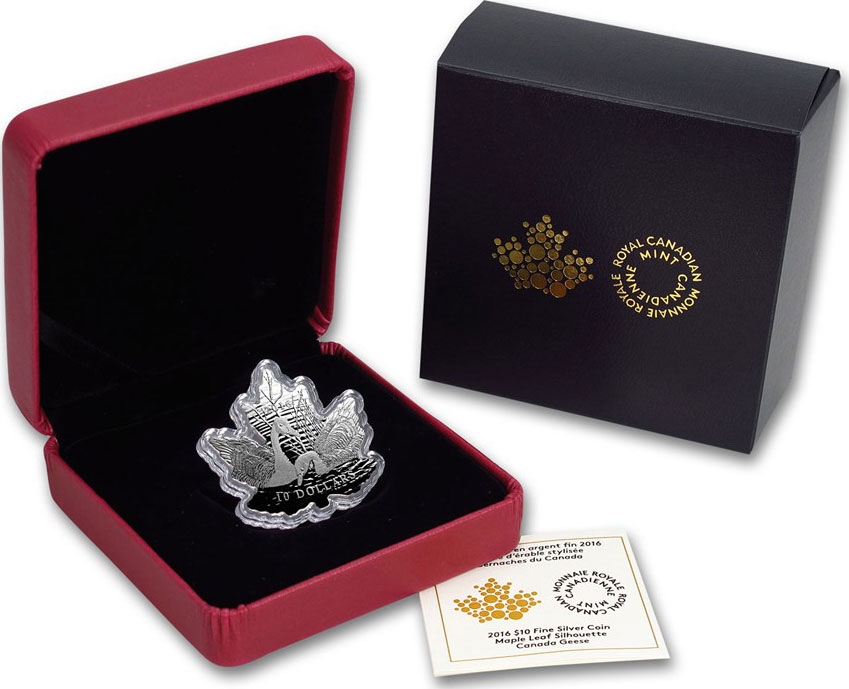 10 Dollars 2016, Canada, Elizabeth II, Maple Leaf Silhouette, Canada Geese, Box with the certificate