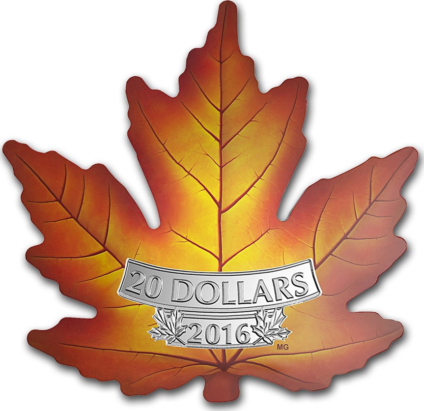 20 Dollars 2016, Canada, Elizabeth II, Maple Leaf Silhouette, Silver Colorised Maple Leaf