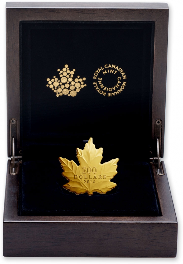 200 Dollars 2016, Canada, Elizabeth II, Maple Leaf Silhouette, Golden Maple Leaf, Box