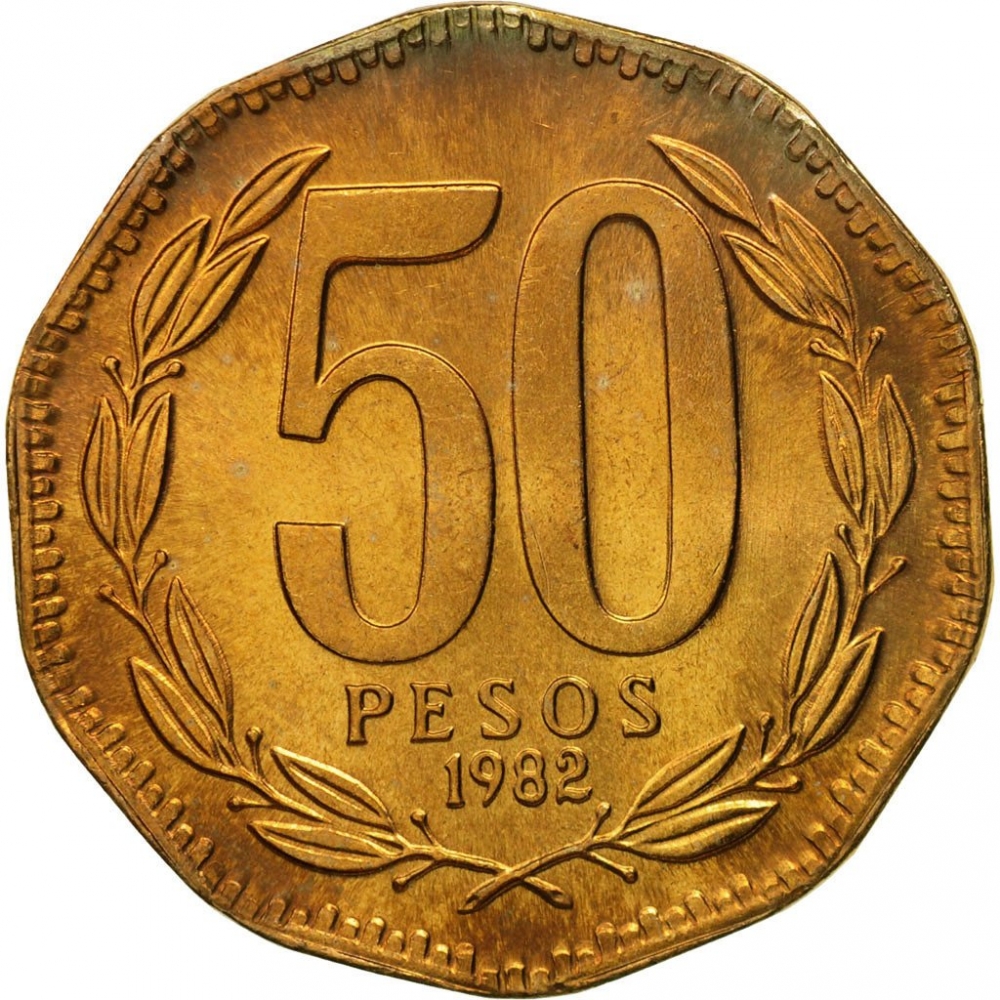 Chile 1982 50 PESOS Coin with 10-Sided Shape /& Security Edge