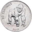 50 Centimes 2002, KM# 79, Congo, Democratic Republic, Animals, Gorilla