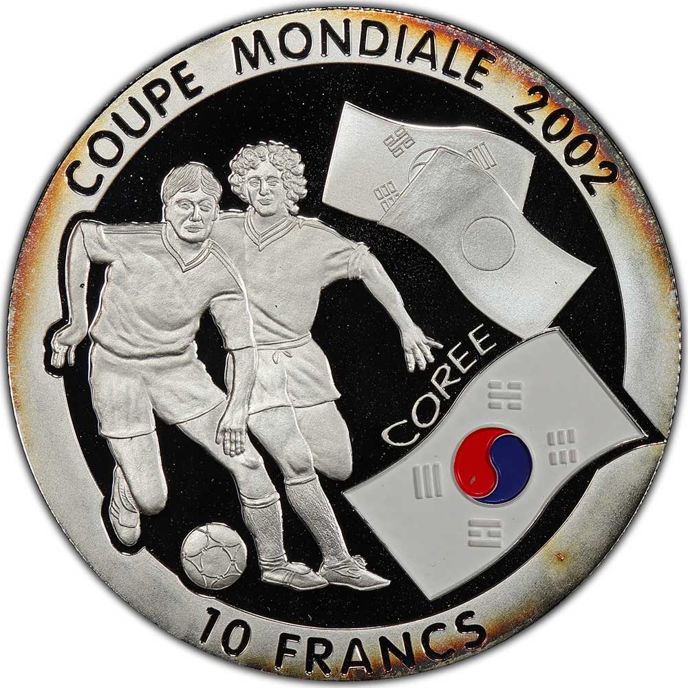 10 Francs 2002, Congo, Democratic Republic, 2002 Football (Soccer) World Cup in Korea and Japan, Flag of South Korea