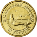 10 Kroner 2005, KM# 900, Denmark, Margrethe II, 200th Anniversary of Birth of Hans Christian Andersen, Fairy Tales - Little Mermaid