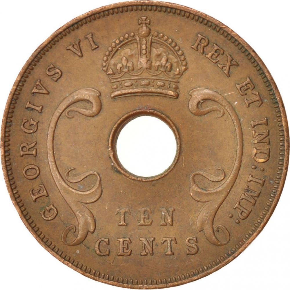 10 Cents 1937-1945, KM# 26, East Africa, George VI, No mintmark: Royal Mint