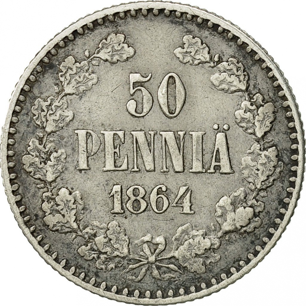 50 Penniä 1864-1917, KM# 2, Finland, Grand Duchy, Alexander II, Alexander III, Nicholas II, Dotted border (KM# 2.1)