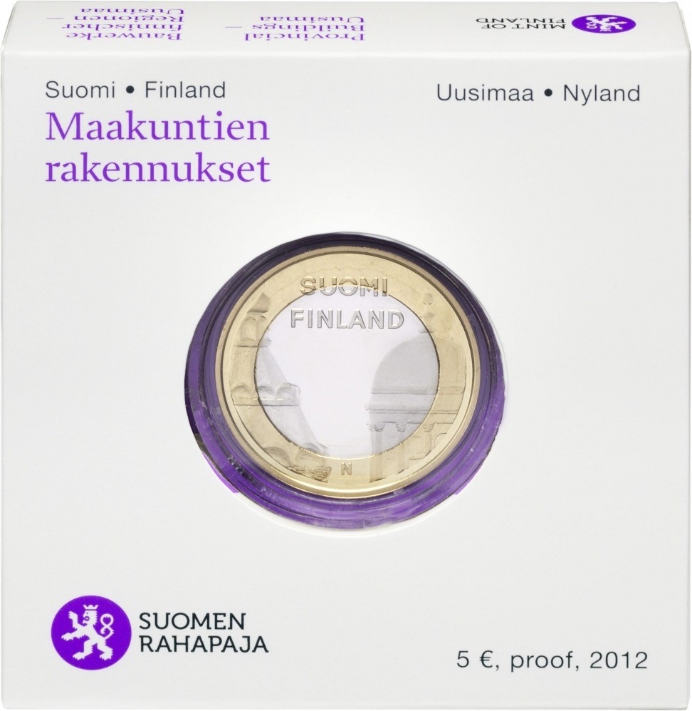 5 Euro 2012, KM# 191, Finland, Republic, Provincial Buildings, Uusimaa - Helsinki and Uspenski Cathedrals, Proof package front
