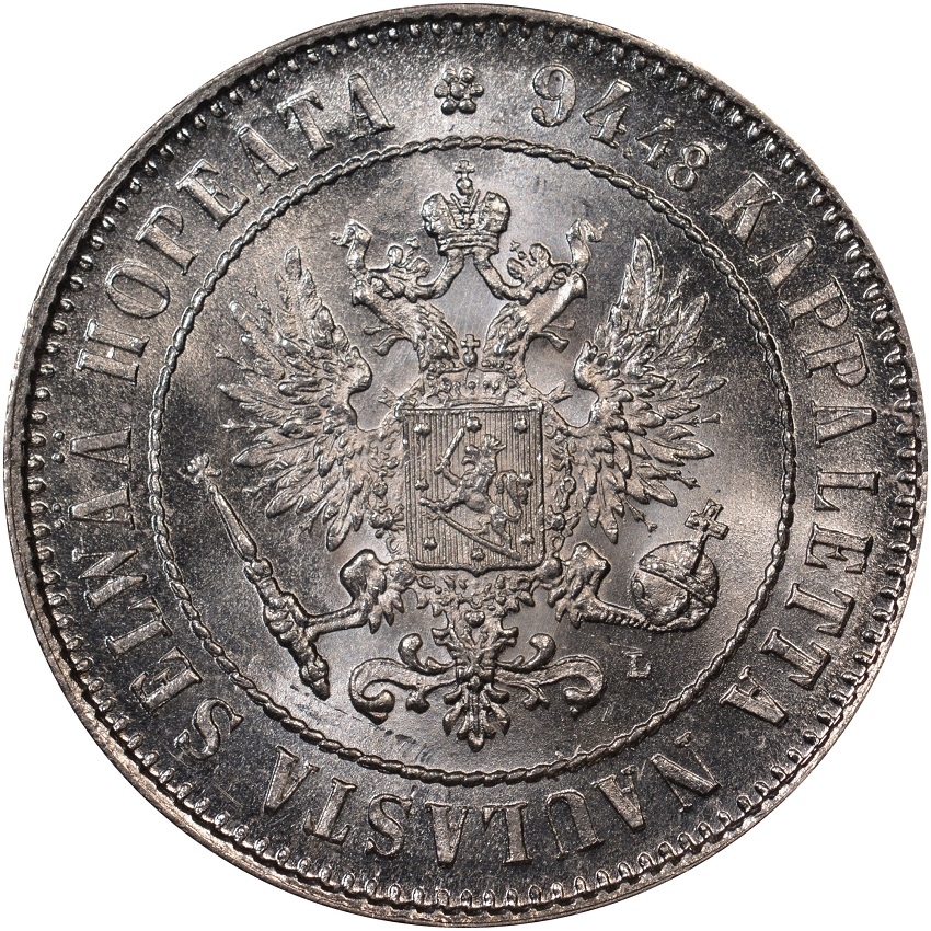 1 Markka 1864-1915, KM# 3, Finland, Grand Duchy, Alexander II, Alexander III, Nicholas II, Dentilated border, mint master mark L (KM# 3.2)