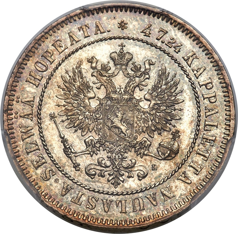 2 Markka 1865-1908, KM# 7, Finland, Grand Duchy, Alexander II, Nicholas II, Dentilated border, mint master mark L (KM# 7.2)