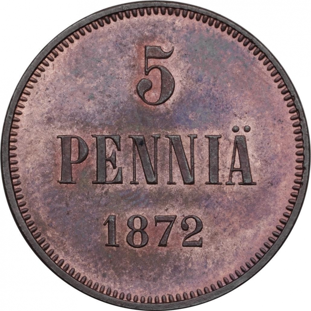 5 Penniä 1865-1875, KM# 4, Finland, Grand Duchy, Alexander II, Dentilated border (KM# 4.2)