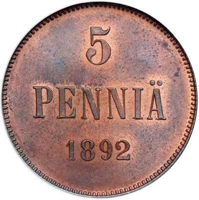 5 Penniä 1888-1892, KM# 11, Finland, Grand Duchy, Alexander III