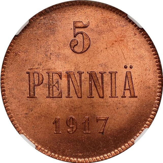 5 Penniä 1917, KM# 17, Finland, Grand Duchy