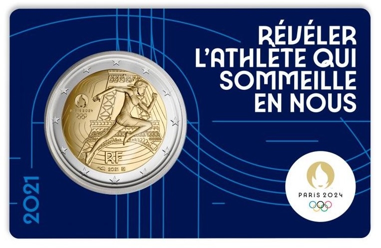 2 Euro 2021, KM# 2945, France, Paris 2024 Summer Olympics, Marianne, Dark blue coincard (BU)
