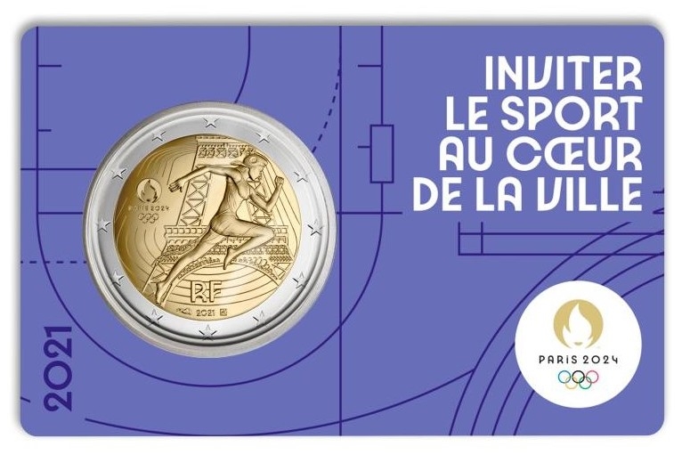 2 Euro 2021, KM# 2945, France, Paris 2024 Summer Olympics, Marianne, Light blue coincard (BU)