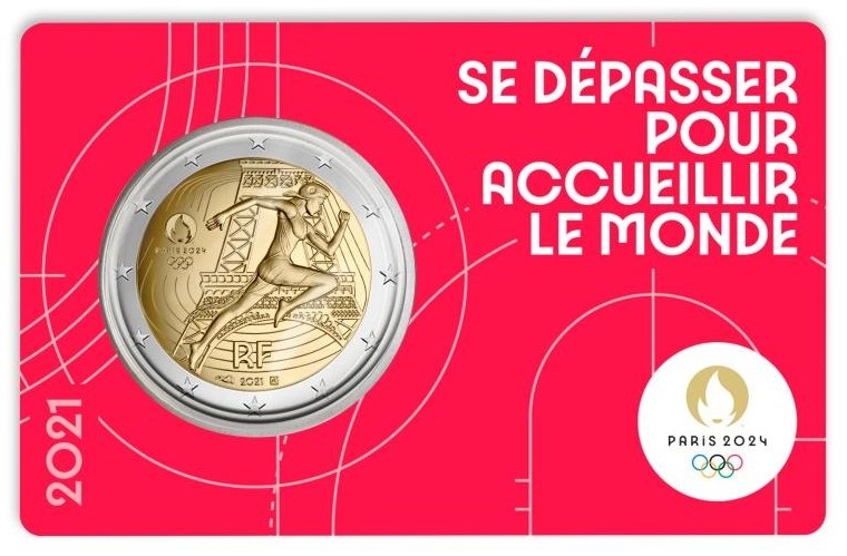 2 Euro 2021, KM# 2945, France, Paris 2024 Summer Olympics, Marianne, Red coincard (BU)