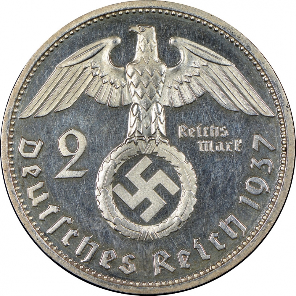 Germany 1937-1939 2 Reichsmark mark silver Coin with swastika WWII World War 2 