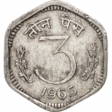 3 Paise 1964-1971, KM# 14, India, Republic