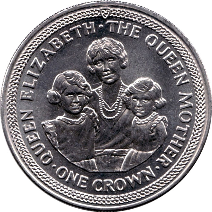 1 Crown 1985, KM# 220, Isle of Man, Elizabeth II, 85th Anniversary of Birth of the Queen Mother, The Queen Mother with Princesses Elizabeth and Margaret