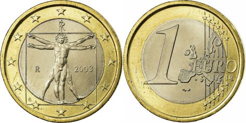 ITALY 1 EURO 2002 COMMEMORATIVE COIN Vitruvian Man Leonardo Da