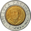 500 Lire 1994, KM# 167, Italy, 500th Anniversary of Summa de Arithmetica by Luca Pacioli