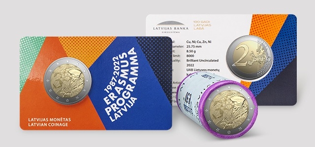 2 Euro 2022, KM# 219, Latvia, 35th Anniversary of the Erasmus Programme, Roll and coincard