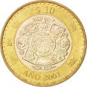 10 Pesos 2000-2001, KM# 636, Mexico, Third Millennium, Sun Stone