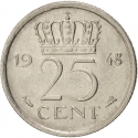 25 Cents 1948, KM# 178, Netherlands, Wilhelmina