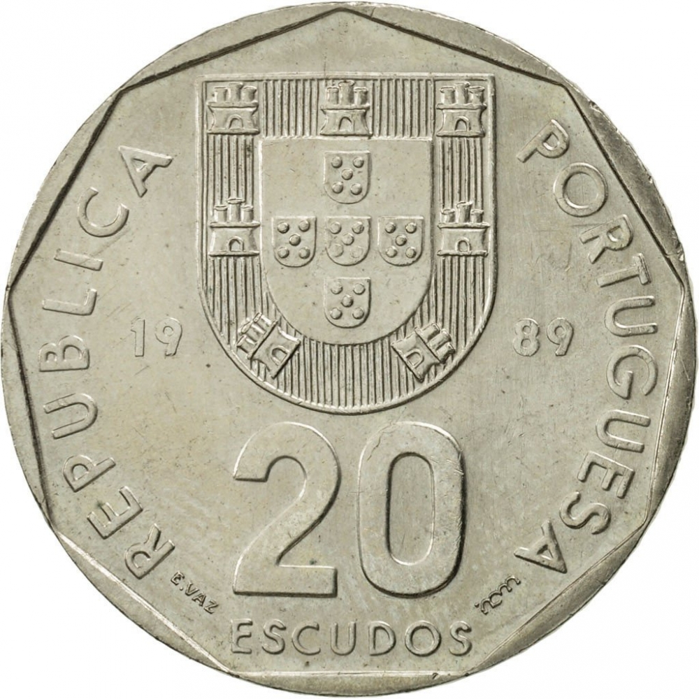 20 Escudos 1986-2001, KM# 634, Portugal, Small shield (1986-1997): KM# 634.1