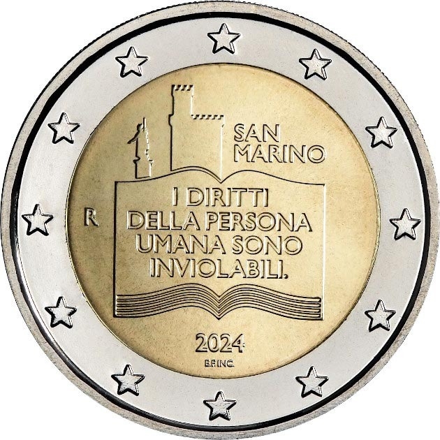2 Euro 2024, KM# 628, San Marino, 50th Anniversary of the Declaration of the Rights of Citizens and the Fundamental Principles of the San Marino Constitution