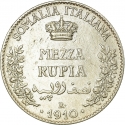 1/2 Rupia 1910-1919, KM# 5, Somaliland, Italian, Victor Emmanuel III