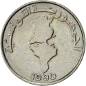 1/2 Dinar 1988-1990, KM# 318, Tunisia