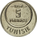 5 Francs 1954-1957, KM# 277, Tunisia, Lamine Bey
