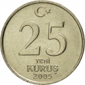 25 Yeni Kuruş 2005-2008, KM# 1167, Turkey