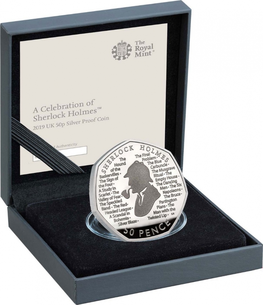 50 Pence 2019, Sp# H61, United Kingdom (Great Britain), Elizabeth II, 160th Anniversary of Birth of Arthur Conan Doyle, A sleek black box with a booklet
